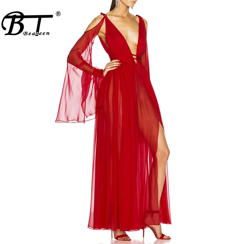 Женское кружевное платье с бантом Beateen Вечернее Платье макси глубоким v-образным