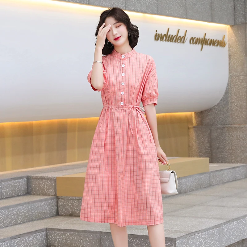 Femmes Midi Robe Chemise À Carreaux D'été 2021 Piste Élégant Poche Coréen Bureau Décontracté Mer Plage Vacances Fête Robes Rose Neuf