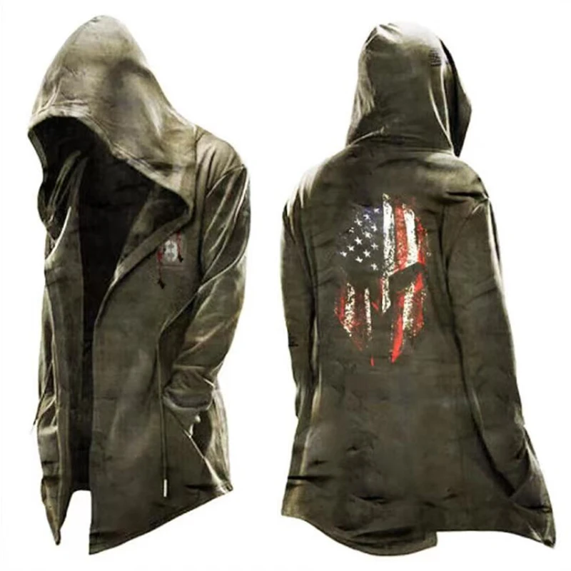 2021 New arrived men's retro hooded cardigan poncho steam punk cape cloak coat with pocket army green M-4XL