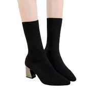 women mid calf stretch boots autumn winter high heels plush warm woman shoes sexy slim pointed toe socks boots big size pumps
