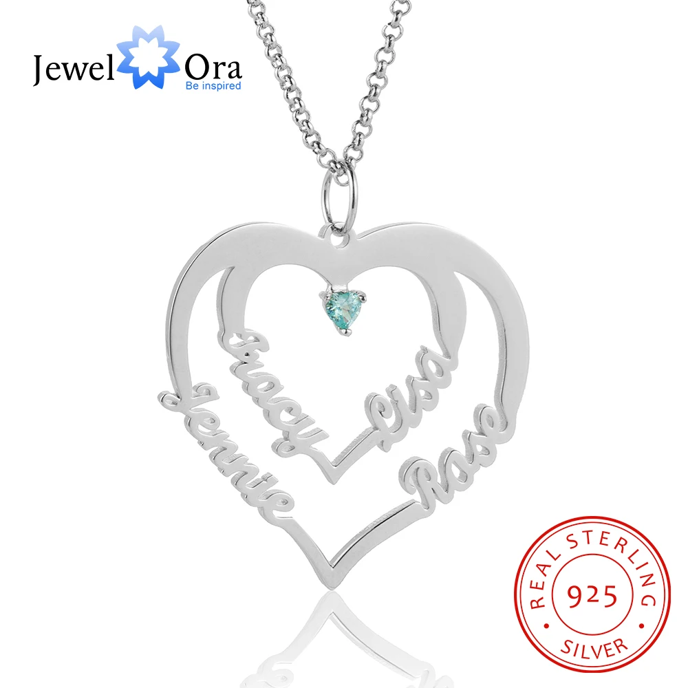 

JewelOra Customized 925 Sterling Silver Heart Nameplate Pendant Personalized 4 Names Necklace with Birthstone Mothers Day Gift