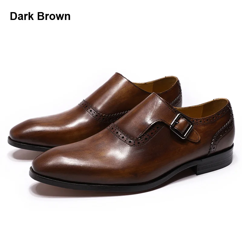 Dark Brown Felix CHU Мужские модельные туфли плоские, для пальцев на ногах, из натуральной кожи, коричневые, ручная роспись, пряжка, монах, ремешок, деловой, офисный, мужская обувь - Цвет: Dark Brown