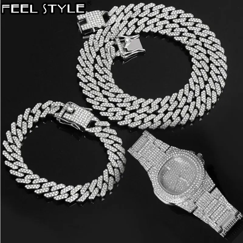 HIP 12MM Prong Necklace +Baguette Watch+Bracelet Hip Hop Prong Cuban Chain Iced Out Paved Rhinestones CZ Bling For Men Jewelry