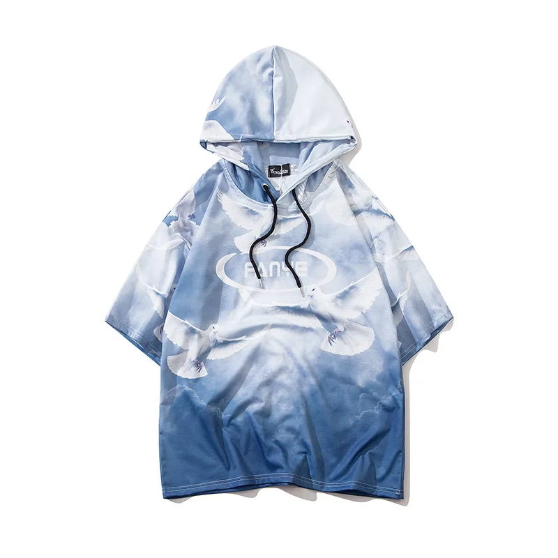 

Spring Summer Japanese Style Hip Hop Hooded Half Sleeves Sweatshirts Personality Streamer Color Patchwork Hoodies Couples Tops
