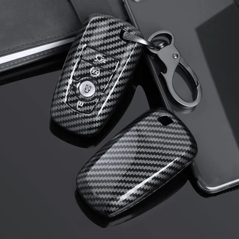 

4 Buttons Car Remote Key Case Cover Fob Shell Fit for Ford Explorer Expedition Mustang Fusion Edge 2018 Carbon Fiber Style