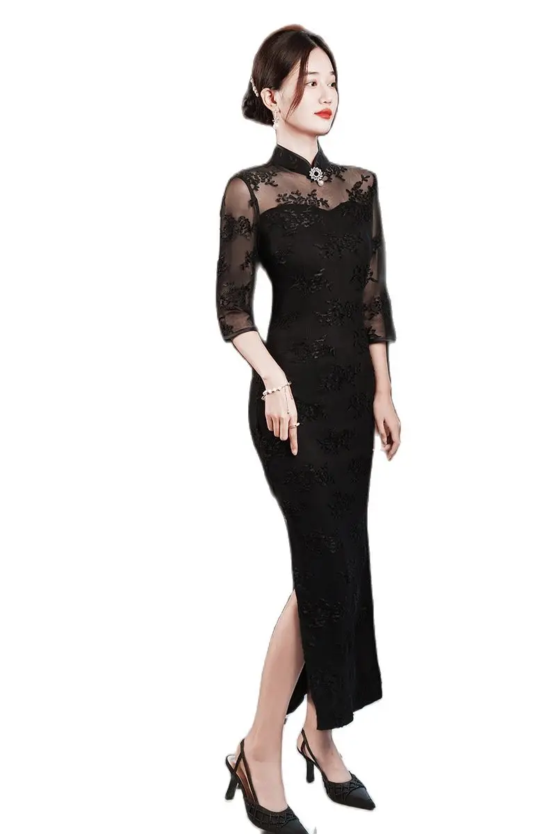 

Black Mesh Perspective Qipao Sexy Slim Velour Cheongsam Embroidery Mandarin Collar Chinese Dress Women Classic Party Formal Gown