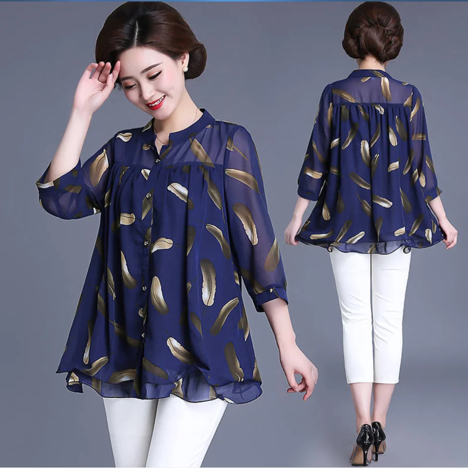 

2020 New Summer Middle Aged Women Three Quarter Sleeve Fashion Chiffon Blouse Tops Female Flower Print Plus Size 4xl Shirt W20