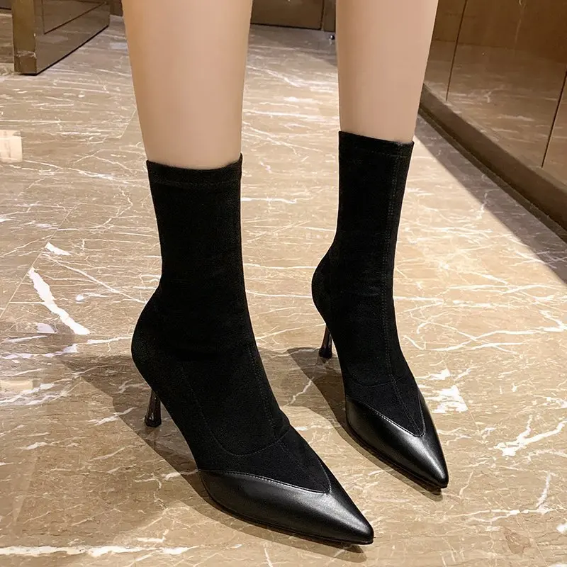 

Женские кожаные ботинки на высоком каблуке 2022 женские привлекательные ботильоны на высоком каблуке с острым носком женская обувь на шпильк...