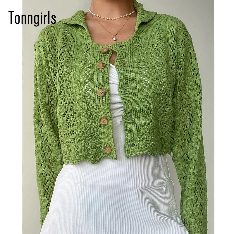 

Винтажный кардиган Tonngirls, женский зеленый кардиган с длинным рукавом, вязаные женские кардиганы, свитер, корейский Кардиган с отложным воро...