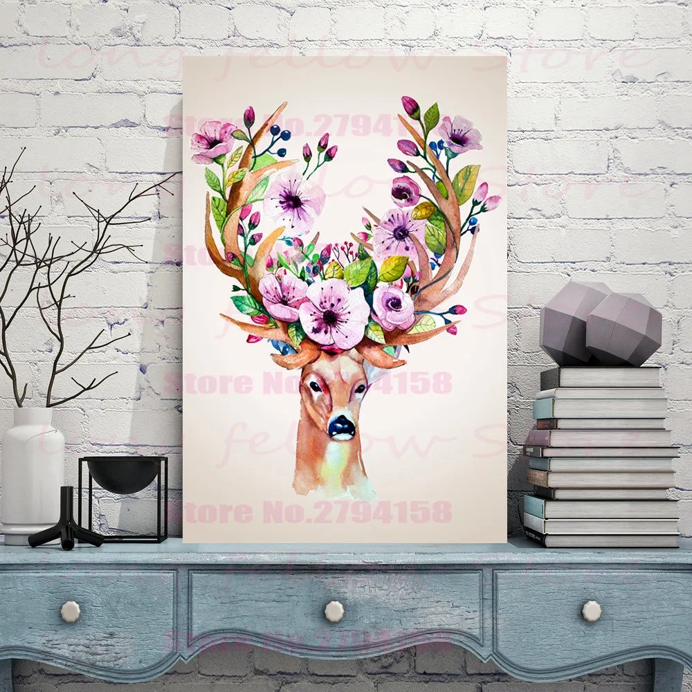 Настенная картина с цветными оленями и розовыми цветами для гостиной офиса лобби
