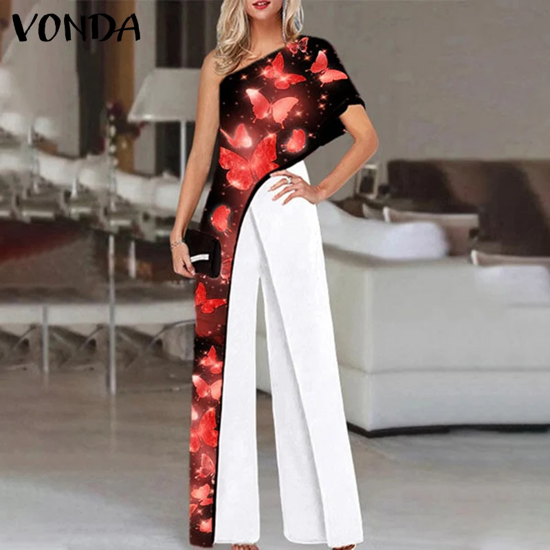 

Women Wide Leg Jumpsuits Vintage Printed Playsuits VONDA Sexy Short Sleeve One Shoulder Palazzo Pants Pantalon 3 Colors Overalls