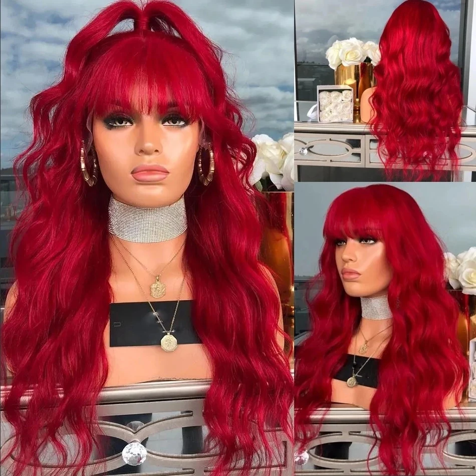 

Synthetic Lace Front Wig With Bangs Light Red Body Wavy Hair Heat Resistant Fiber Cosplay& Drag Queen Daily Use Fringe Wigs
