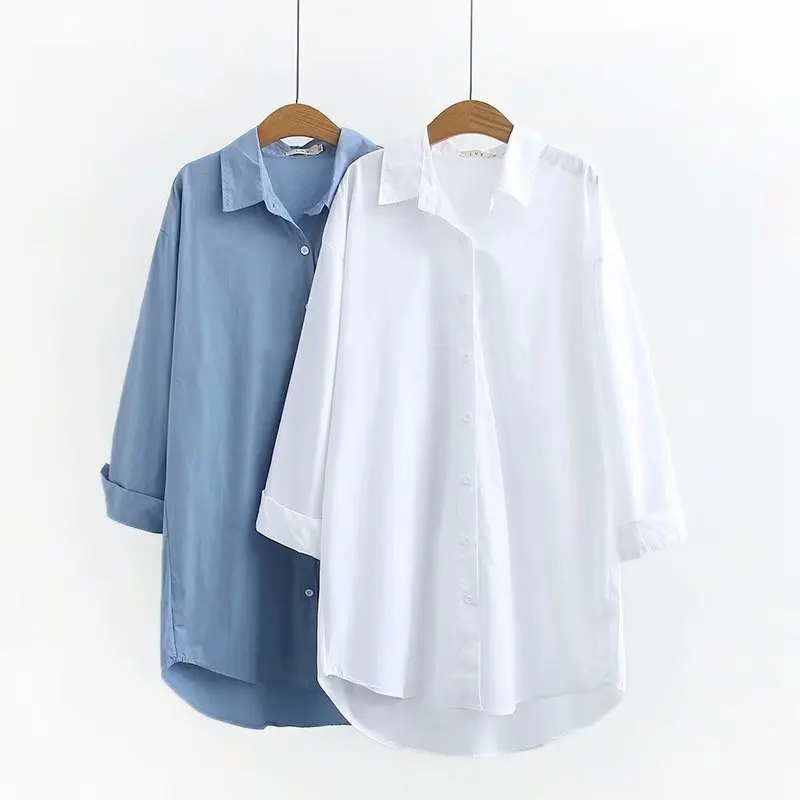 

Office Lady Shirt Cotton Oversize Plus Size Blouse Women 2021 Summer Korean Fashion Long Sleeve Buttons Mid-Length Tops Mujer