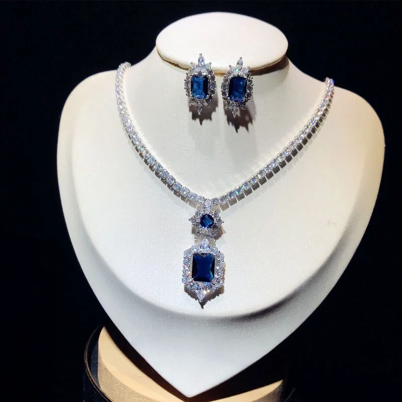 

FINE JEWELY SETS FOR WOMEN S925 STERLING SILVER TEMPERAMENT BLUE GEMSTONE EARRINGS NECKLACE SET BRIDAL WEDDING ACCESSORIES