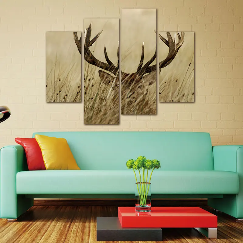4 панели животных живопись олень Олень с длинным оленьим рогом в кусте Печать на