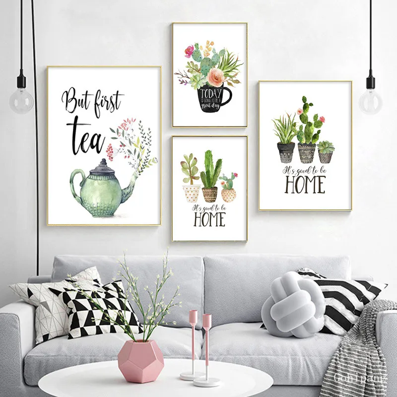 

Botanical Posters and Prints Green Plant Cactus Canvas Painting Home Sweet Home Quote Art Picture Housewarming Gift Home Decor