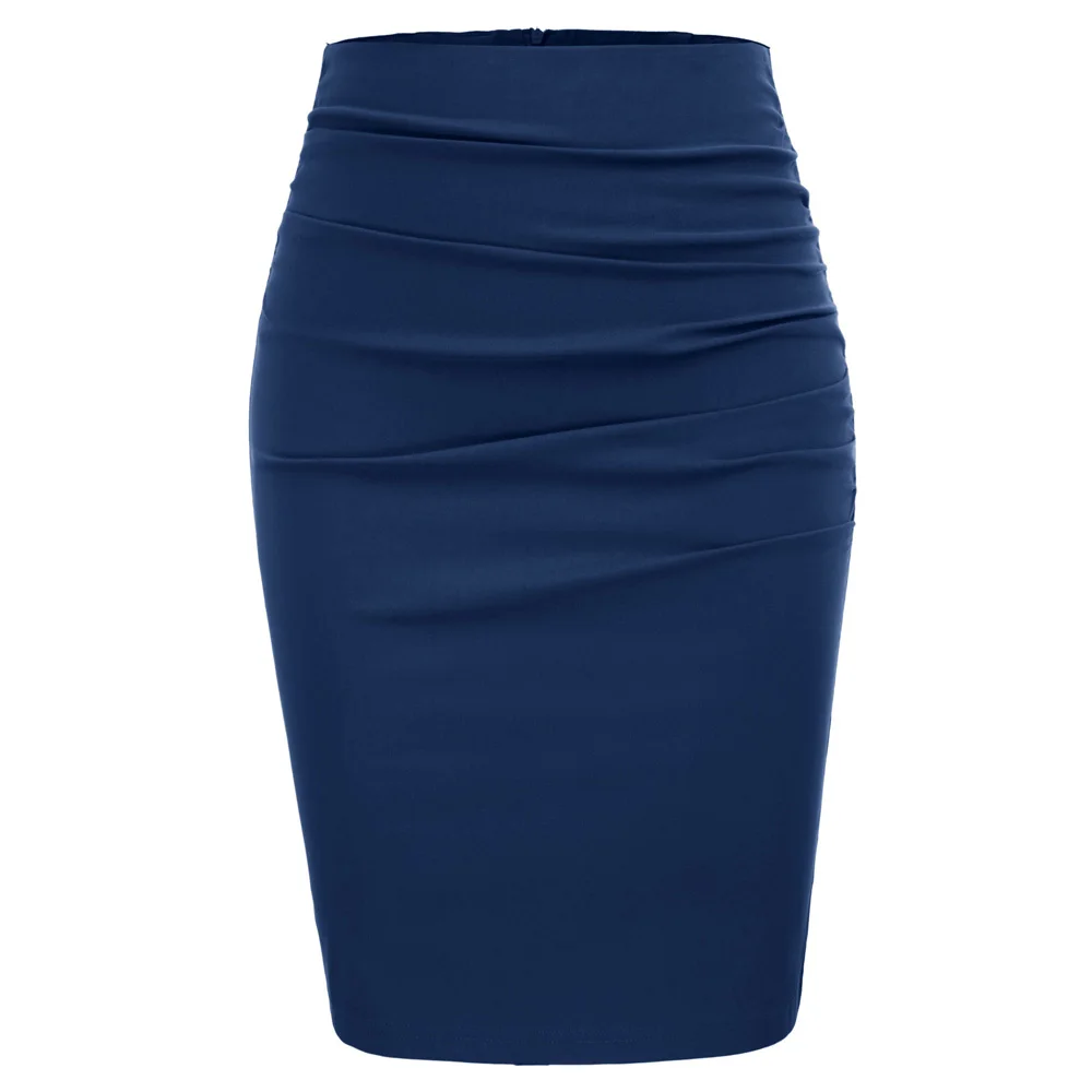 Navy Blue Женская юбка с рюшами, винтажная, офисная, деловая, однотонная, плиссированная, спереди, в бедрах, облегающая, юбка-карандаш, faldas - Цвет: Navy Blue