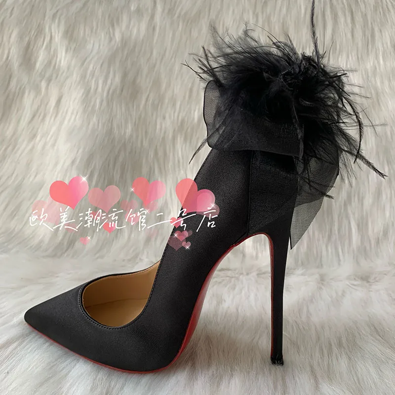 Hot sale designer brand sexy black satin pointed toe  with fur on back women lady party performance evening heel pump images - 6