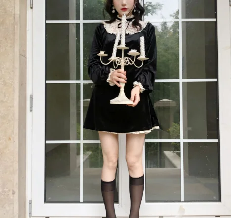 

Victorian Vintage Gothic Lolita Dress Girls Japanese Lace Patchwork Lace-up Stand Collar Velvet Mini Dress Women Punk Dresses