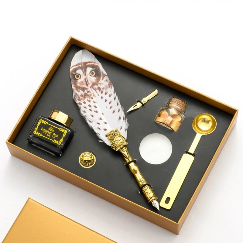 

Retro Quill Calligraphy Pen Owl Feather Dip Pen With Nib Wax Seal Stamp Gift Box Set
