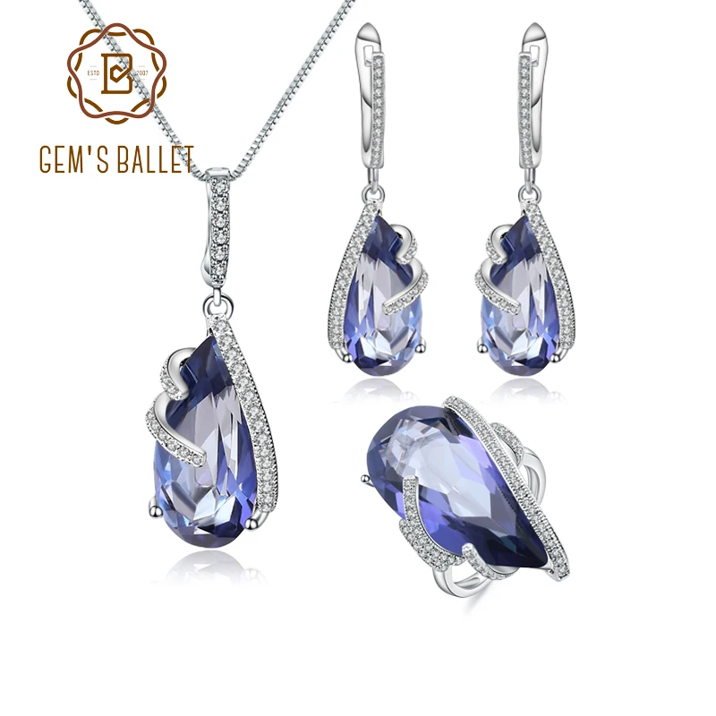 GEM'S BALLET Natural Iolite Blue Mystic Quartz Jewelry Set 925 Sterling Silver Earrings Ring Pendant Sets For Women Fine Jewelry