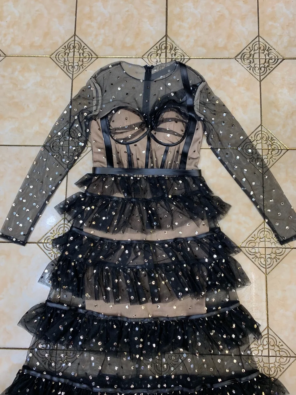 

Elegant New Bandage Dress 2020 Women black lace round neck long sleeve Party Club Celebrity Bodycon Floor -length wholesale