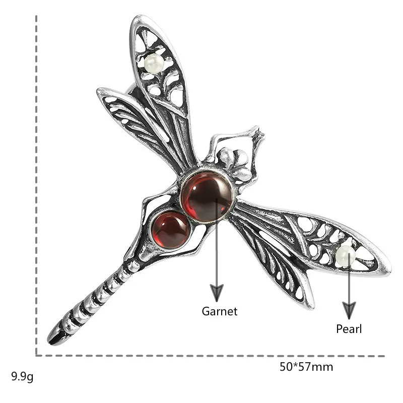 Retro Real 925 Sterling Silver Garnet Dragonfly Pearl Brooch For Women Thai Handmade Vintage Jewelry Flyleaf | Украшения и