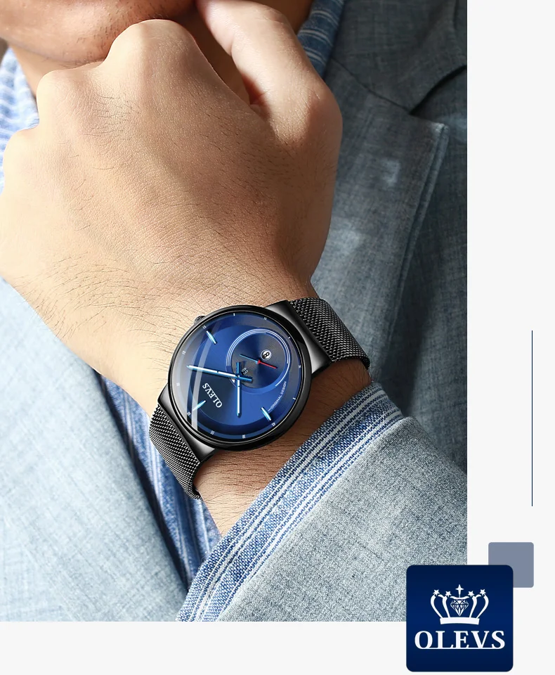 NEW OLEVS Watch Men Luxury Quartz Date Blue Dial Thin Top Brand Watches Sports Chronograph Mesh Belt Wrist Watch Man Clock