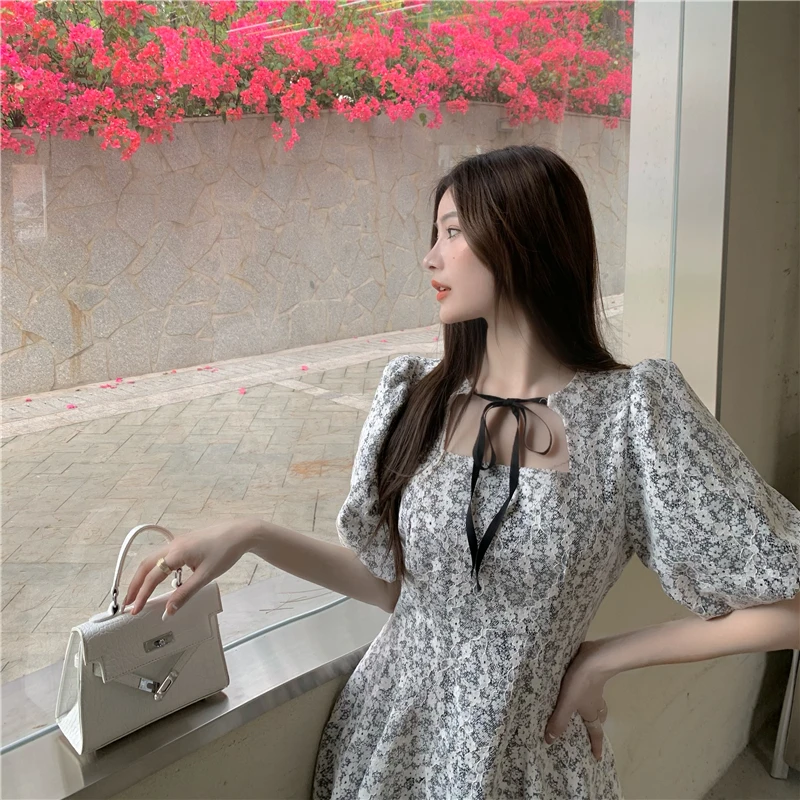 

Women Dress 2021 Summer Korean Chic Retro Elegant Lacing Flower Puff Sleeve Skirt Y891