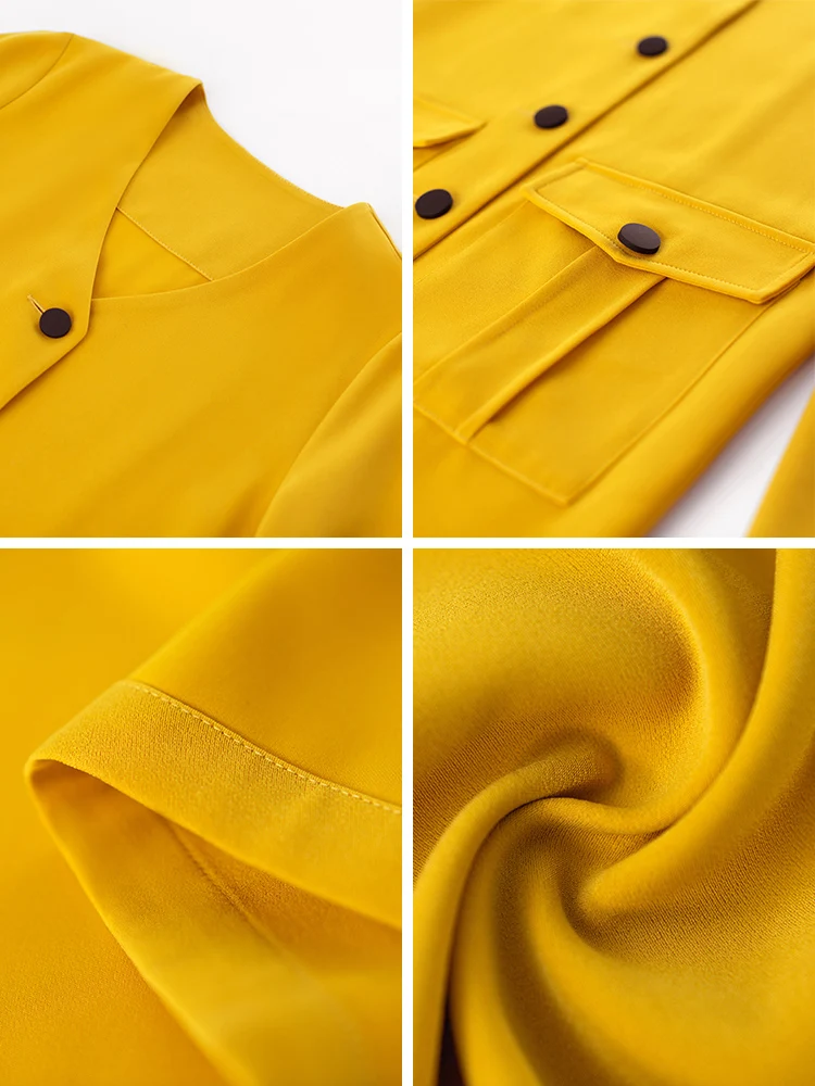 

High Quality Brand Spring Dress 2020 Fashion Style Women V-Neck Pocket Patchwork Flare Sleeve Mid-Calf Length Yellow Dress XXL
