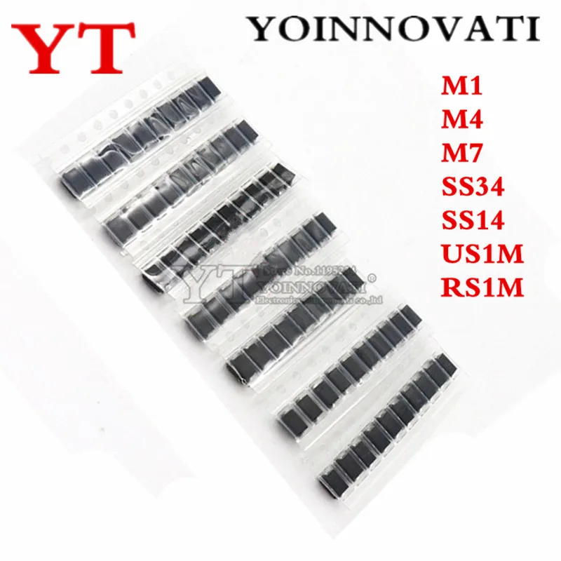 7 видов * 10 шт. = 70 шт./лот SMD набор диодов/M1 (1N4001) / M4 (1N4004) / M7 (1N4007)/ SS14 US1M RS1M SS34 комплект