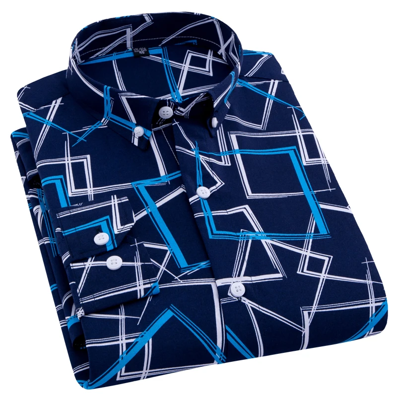 Бренд AOLIWEN мужская рубашка с принтом синего и белого цвета на весну осень