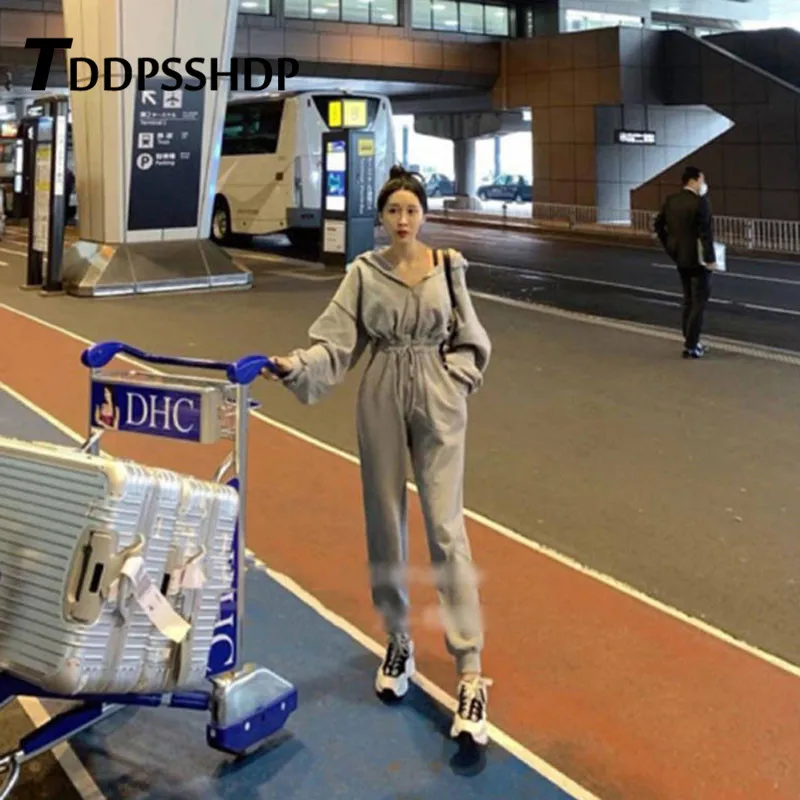 Осень 2019 серый и черный цвет на выбор женский комбинезон с капюшоном женские