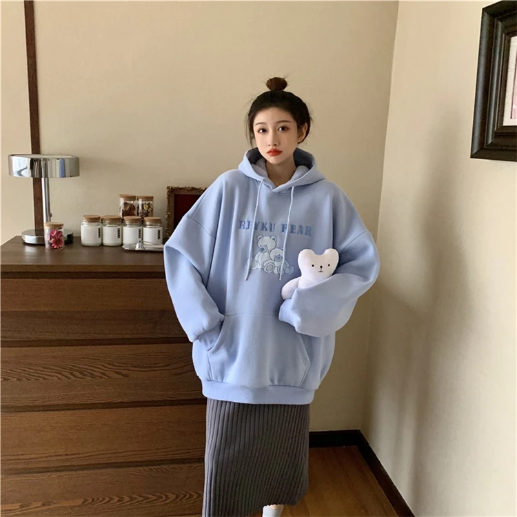

XZ519 2021 new Cute bear embroidery plus velvet thick loose hooded long sleeve Sweatshirts women
