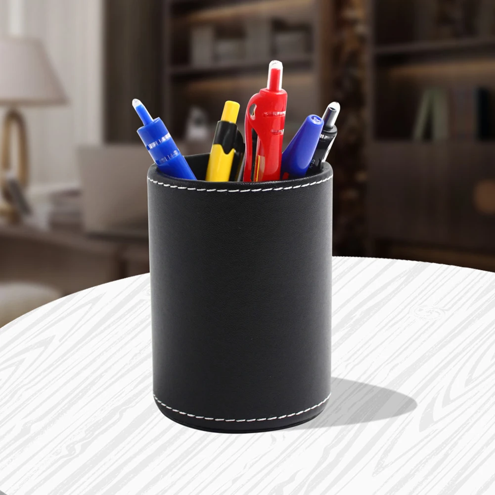 

PU Leather Business Modern Desktop Organizer Makeup Brush Stationery For Home Office Portable Round Container School Pen Holder