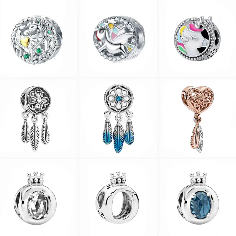 

Подвеска для браслета Pandora Женская, ювелирное изделие серебристого цвета с подвесками в виде цветка, Ловец снов, единорога, короны, бусины