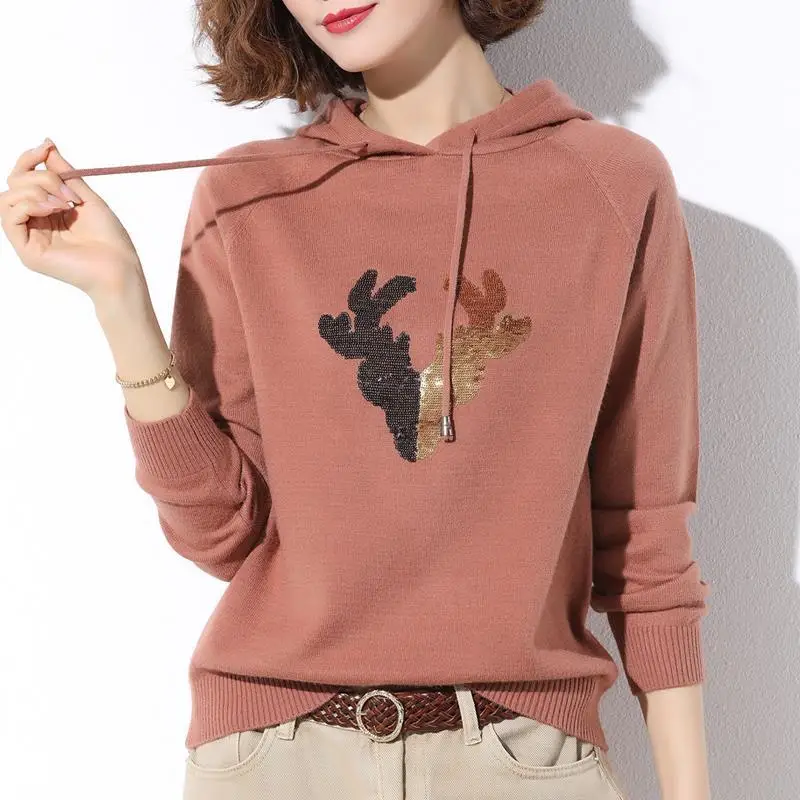 

Свитер женский трикотажный, с капюшоном, в виде головы оленя, на осень, TT0012