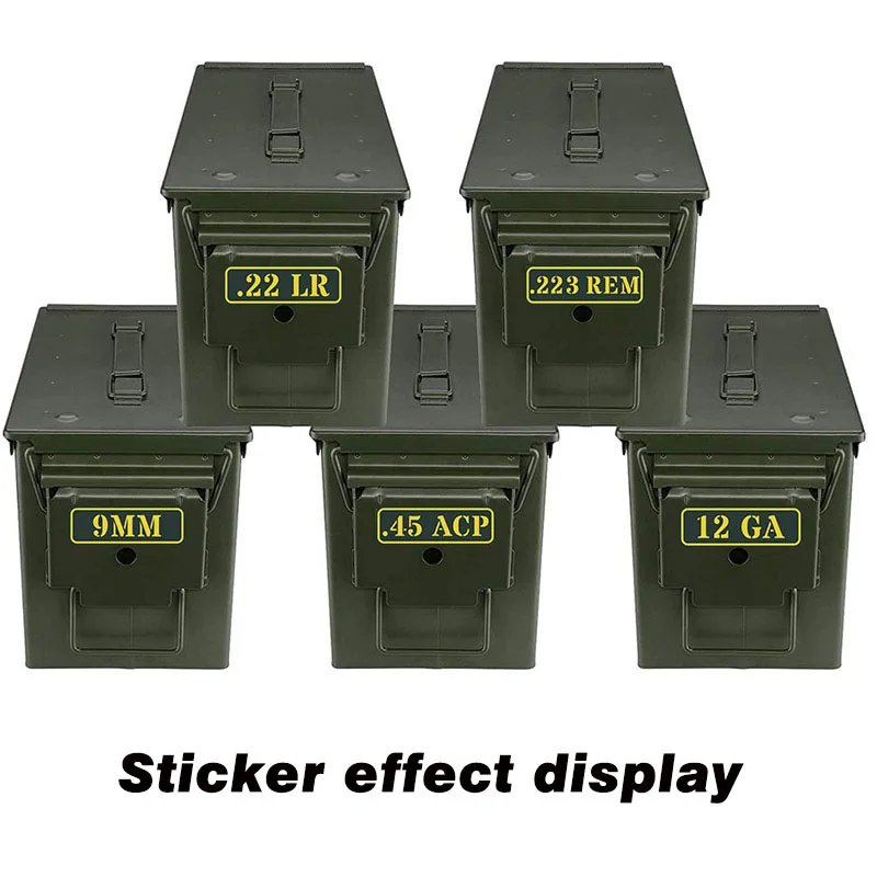 

Ammo Can Sticker .22 .223 .308 .300 .380 .45 5.56 7.62 9MM 12GA Ammo box Vinyl Skin Sticker Label for Bullet Variety labels