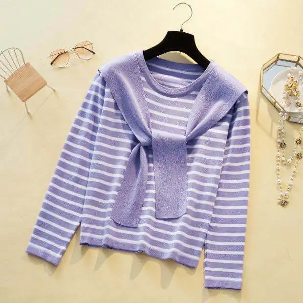 

Women 2021 Autumn New Fashion Two Piece Suits Female Retro Striped Pullover Sweater Tops Ladies High Waist Long Jeans Sets Q285