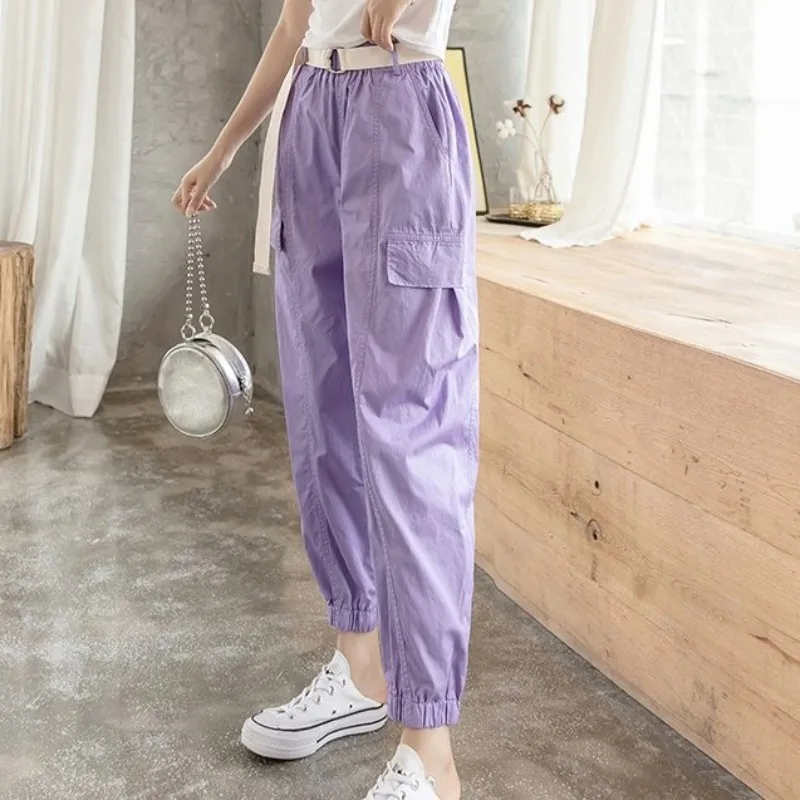 

Safari Style Casual Sweatpants Women Fashion Summer Thin Section Elastic High Waist Sashes Loose Fit Ankle Length Cargo Pants