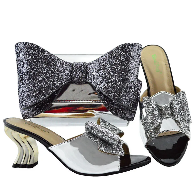 

New Arrival Silver Color Nigerian Shoes And Handbags Set Italian design Rhinestone Women's Shoes And Bag Set High heel