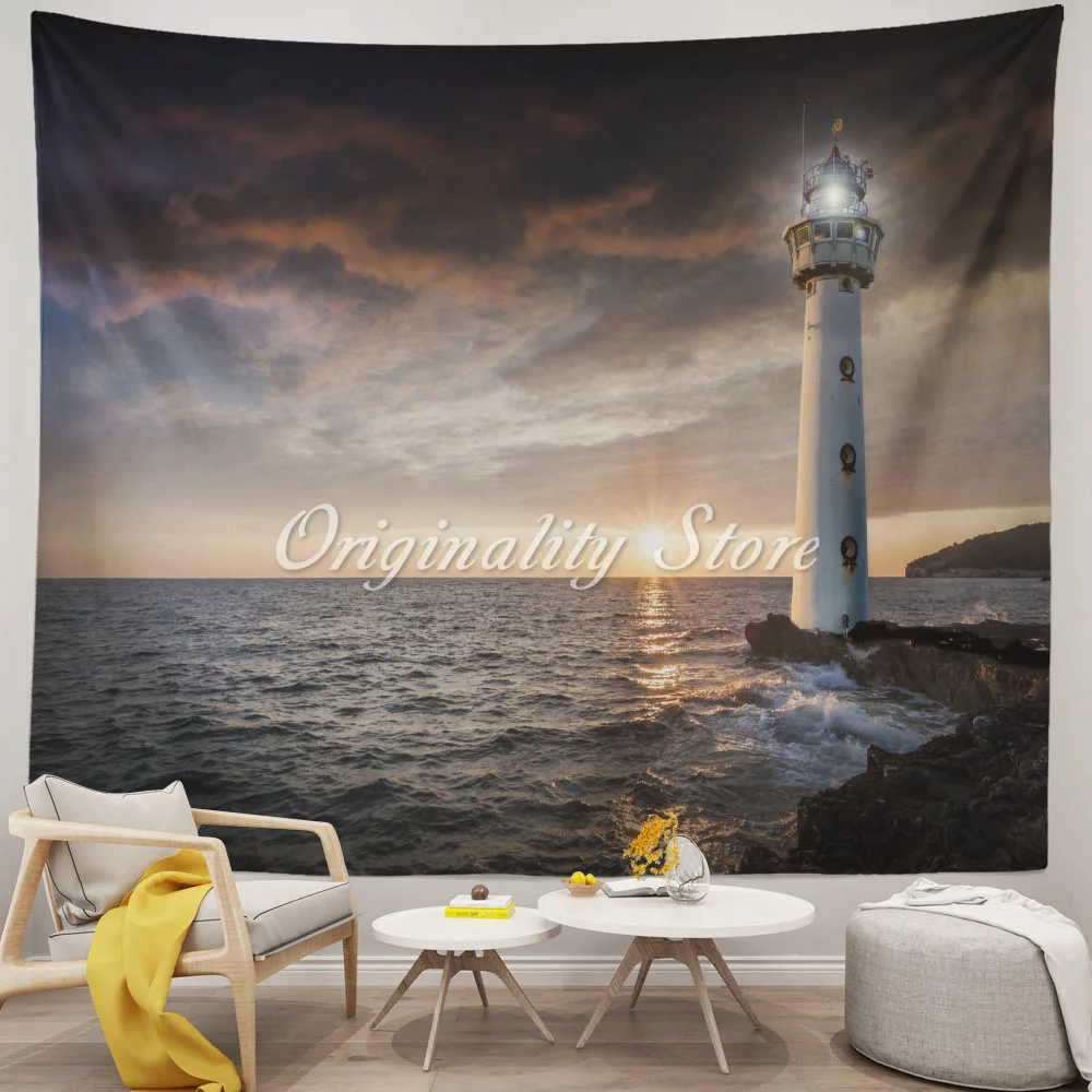 

Lit Lighthouse Beach Tapestry