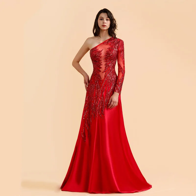 

New Arrival One Shoulder Sequins Long Prom Dresses 2021 Red A Line Satin Long Sleeve Evening Prom Gowns Robe De Soiree