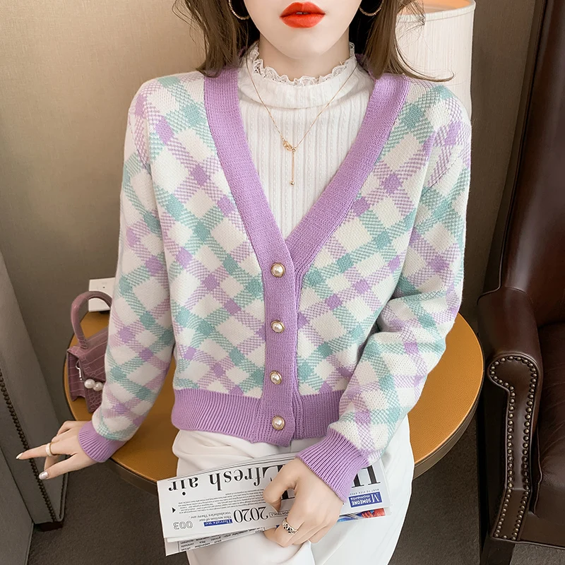 

Autumn Winter Cardigan Knitted Sweater Women cropped cardigans Jumpers Ladies Korean Style Plaid Coats Woman 2021