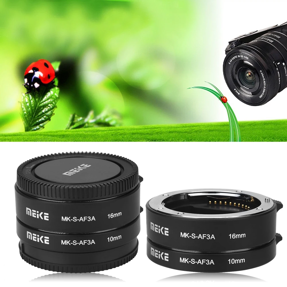 Meike Удлинительное макрокольцо для автоматического 10 мм 16 мм для sony E-Mount DSLR камер FE-крепление A7 A7M2 NEX-F3 NEX-6 NEX-7 NEX-5T A6300 A6500 Камера