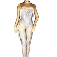 long sleeve glistening silver tassel women jumpsuits nightclub pole dancing costumes sparkly diamonds stretch print leotard