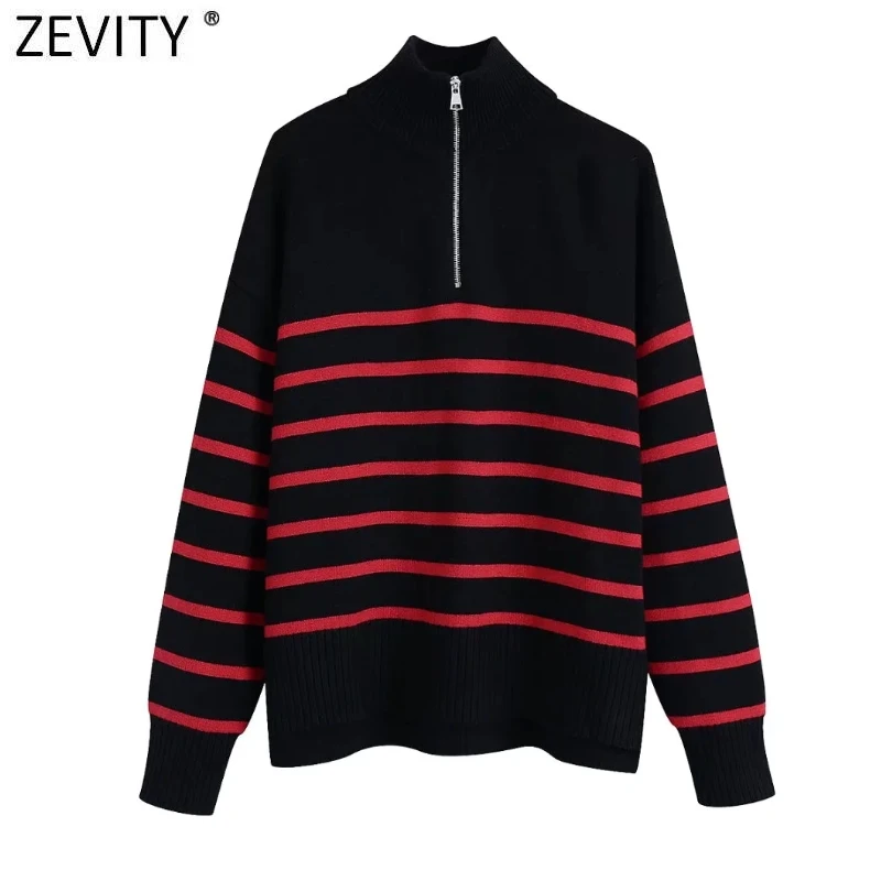 

Новинка, Модный женский красный черный полосатый вязаный свитер Zevity, женские шикарные пуловеры на молнии для отдыха, Женские повседневные т...