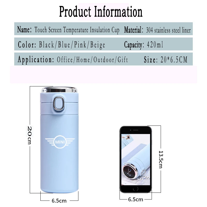 

420ML Intelligent Thermos Temperature Display Stainless Steel Vacuum Water Cup Bounce switch for Mini Cooper Car Accessories