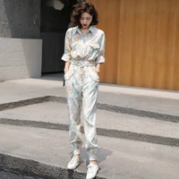 new autumn spring women belt tunic print jumpsuits female high waist harem trousers overalls romper holiday long playsuit