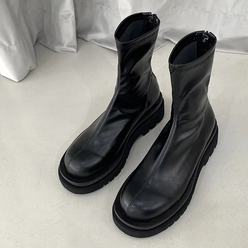 

Autumn Women Fashion Boot Med Heel Leather Platform Sock Shoes Calf Booties Chelsea Boot